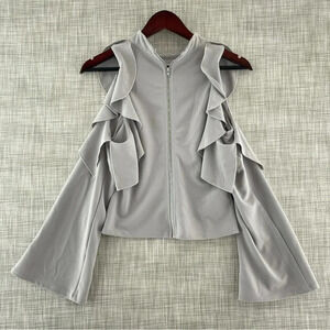 Luxxel Gray Mock Neck Ruffle Bell Sleeve Cold shoulder Full Zip Top M 8304/11 b